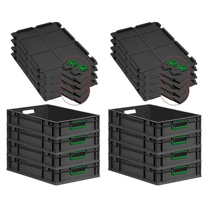 Proregal Euroboxen-Set 8x Eurobox NextGen Color mit Scharnierdeckel und Verschlüssen - L x B x H: 60 x 40 x 12 cm, Kunststoff, Schwarz, Grün, 8 Stk. - Graue Kunststoffboxen mit grünen Griffen und zugehörigen Deckeln, gestapelt. Ideal für Lagerung und Organisation.