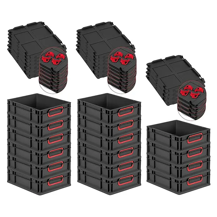 Proregal Euroboxen-Set 16x Eurobox NextGen Color mit Auflagedeckel und Schiebeschnappverschlüsse - L x B x H: 40 x 30 x 12 cm, Kunststoff, Schwarz, Rot, 16 Stk. - Ein Stapel von schwarzen Kunststoffkisten mit roten Griffen und schwarzen Deckeln. Ideal für Lagerung und Organisation.
