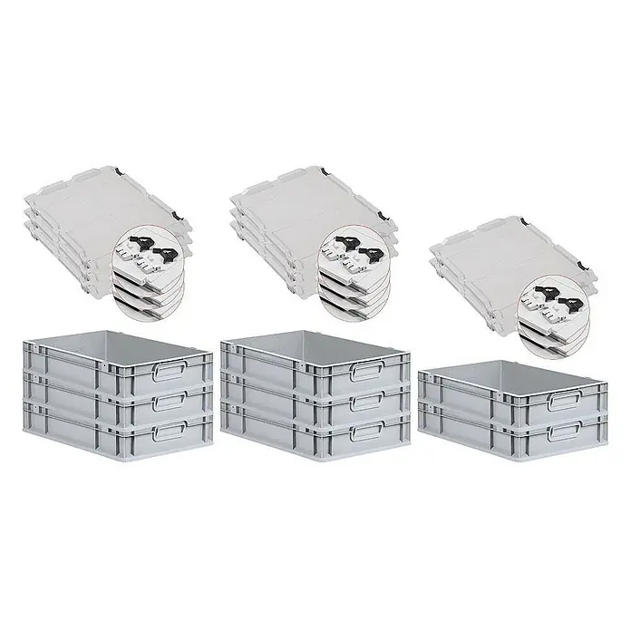 Proregal Euroboxen-Set 8x Eurobox NextGen Grip mit Scharnierdeckel und schwarzen Verschlüssen - L x B x H: 60 x 40 x 12 cm, Kunststoff, Grau, 8 Stk. - Drei Stapel grauer Kunststoffbehälter und drei Stapel Deckel mit schwarzem Zubehör. Praktisch zur Lagerung und zum Transport von Waren.