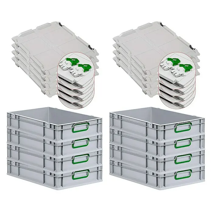 Proregal Euroboxen-Set 8x Eurobox NextGen Color mit Scharnierdeckel und Verschlüssen - L x B x H: 60 x 40 x 12 cm, Kunststoff, Grau, Grün, 8 Stk. - Stapel aus grauen Kunststoffbehältern mit grünen Griffen und dazugehörigen grauen Deckeln. Praktische Lagerlösung für Ordnung.