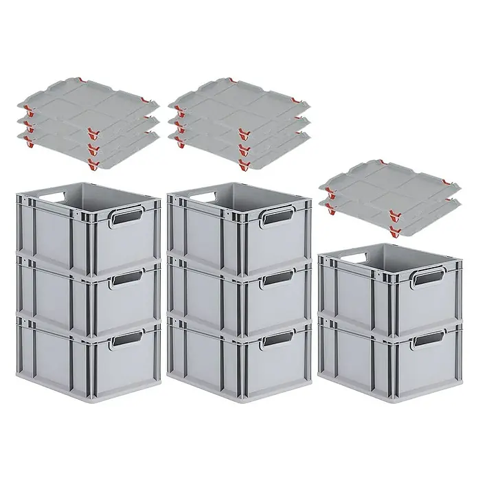 Proregal Euroboxen-Set 8x Eurobox NextGen Grip mit Auflagedeckel inkl. 4 roten Verschlüssen - L x B x H: 40 x 30 x 22 cm, Kunststoff, Grau, 8 Stk. - Graue Kunststoffboxen und Deckel im Set. Ideal für Lagerung und Transport, robust und stapelbar mit praktischen Griffen.