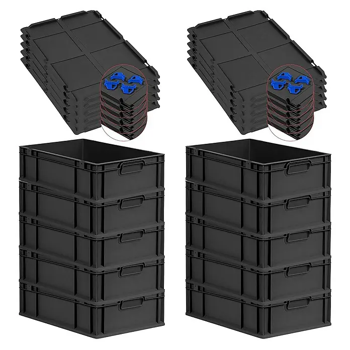 Proregal Euroboxen-Set 10x Eurobox NextGen Grip mit Auflagedeckel inkl. 4 blauen Verschlüssen - L x B x H: 60 x 40 x 17 cm, Kunststoff, Schwarz, 10 Stk. - Abbildung von zwei Stapeln schwarzer Lagerkisten und Deckel mit blauen Verriegelungsclips.