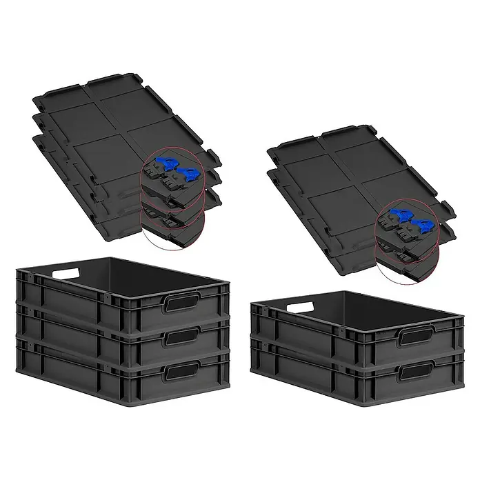 Proregal Euroboxen-Set 5x Eurobox NextGen Grip mit Scharnierdeckel und blauen Verschlüssen - L x B x H: 60 x 40 x 12 cm, Kunststoff, Schwarz, 5 Stk. - Das Bild zeigt graue Kunststoffbehälter und Deckel. Ideal für Lagerung und Transport. Praktisches Design für den täglichen Gebrauch.