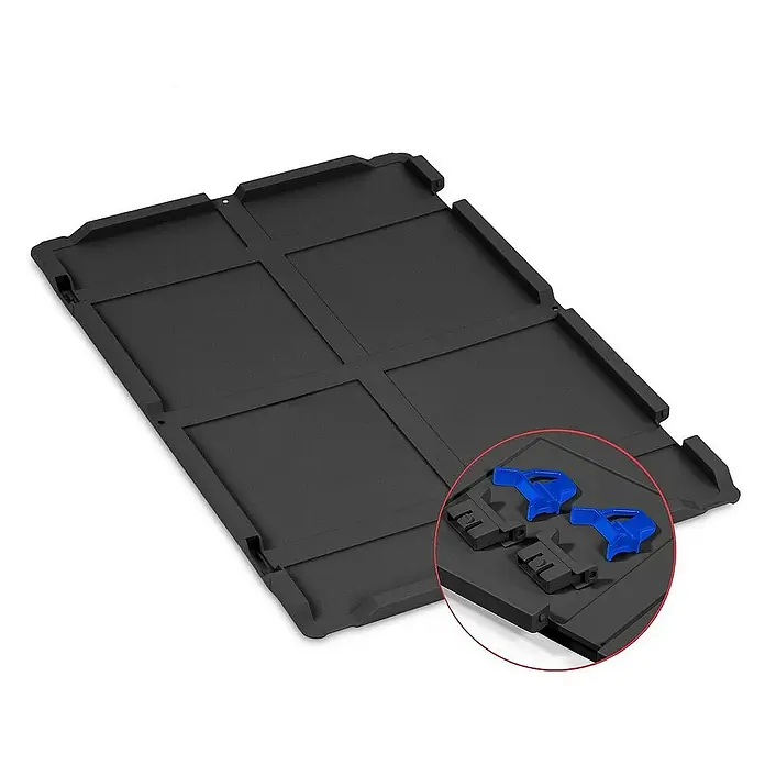Proregal Euroboxen-Set 5x Eurobox NextGen Grip mit Scharnierdeckel und blauen Verschlüssen - L x B x H: 60 x 40 x 12 cm, Kunststoff, Schwarz, 5 Stk. - Schwarze Kofferraummatte mit Fächern und blauen Halterungen für eine ordentliche Aufbewahrung im Auto. Praktisches Zubehör.
