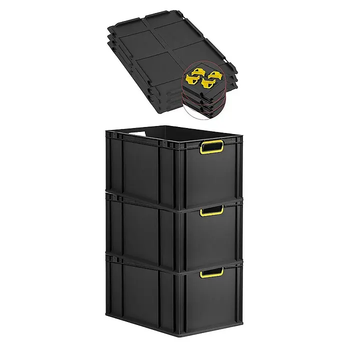 Proregal Euroboxen-Set 3x Eurobox NextGen Color mit Auflagedeckel und Schiebeschnappverschlüsse - L x B x H: 60 x 40 x 32 cm, Kunststoff, Schwarz, Gelb, 3 Stk. - Stapelbare schwarze Kunststoffboxen mit gelben Griffen und dazugehörige Deckel für Lagerung und Organisation.