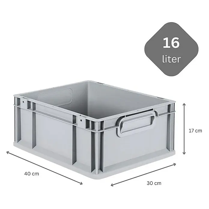 Proregal Euroboxen-Set 5x Eurobox NextGen Economy mit Auflagedeckel und 4x Verschlüsse Schwarz - Kunststoff, Grau, 5 Stk. - Abbildung einer grauen 16-Liter-Kunststoffbox mit den Maßen 40 x 30 x 17 cm, ideal für Lagerung und Transport.