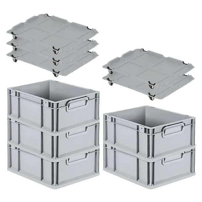 Proregal Euroboxen-Set 5x Eurobox NextGen Economy mit Auflagedeckel und 4x Verschlüsse Schwarz - Kunststoff, Grau, 5 Stk. - Das Bild zeigt graue Kunststoffboxen und dazugehörige Rollbretter, ideal für Lagerung und Transport.