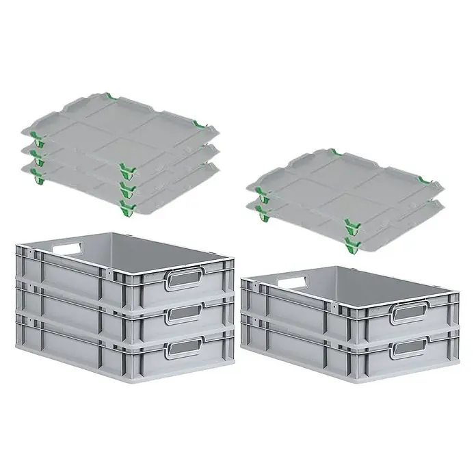 Proregal Euroboxen-Set 5x Eurobox NextGen Grip mit Auflagedeckel inkl. 4 grünen Verschlüssen - L x B x H: 60 x 40 x 12 cm, Kunststoff, Grau, 5 Stk. - Stapelbare Kunststoffbehälter und Deckel, ideal für Lagerung und Transport. Praktische Lösung für Organisation und Logistik.
