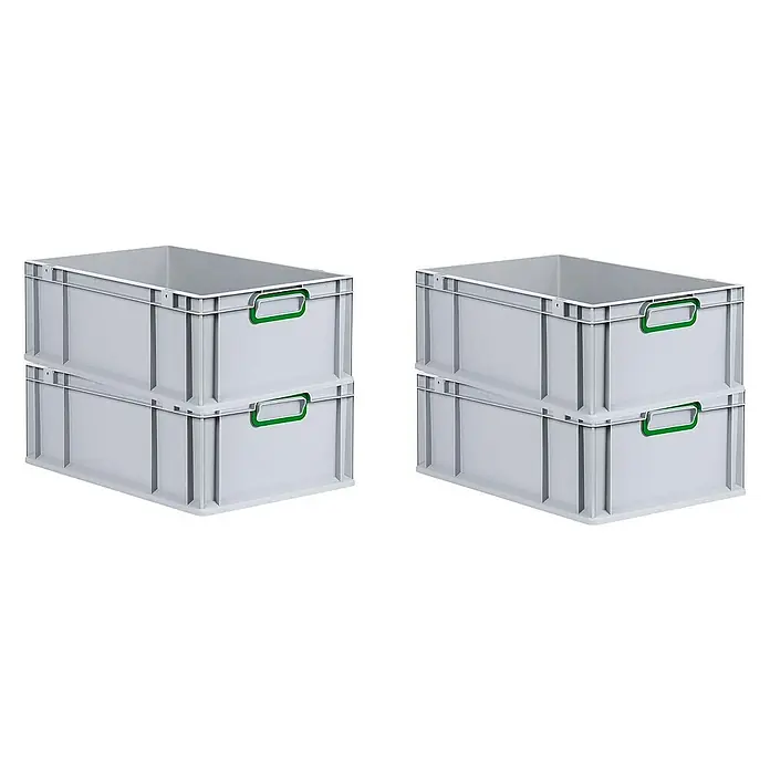 Proregal Euroboxen-Set 4x Eurobox NextGen Color - L x B x H: 60 x 40 x 22 cm, Kunststoff, Grau, Grün, 4 Stk. - Zwei Stapel grauer Kunststoffbehälter mit grünen Griffen, ideal für Lagerung und Transport.