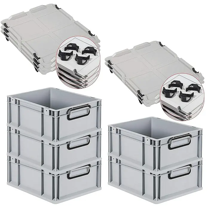 SparSet 5x Eurobox NextGen Color mit Auflagedeckel und Schiebeschnappverschlüsse | HxBxT 17x30x40cm | 16 Liter | Grau | Griffe schwarz geschlossen | Glatter Boden | Eurobehälter, Transportbox, Transportbehälter, Stapelbehälter -  - Gestapelte, graue Euroboxen mit Deckeln und schwarzen Verschlüssen, ideal für Lagerung und Transport.