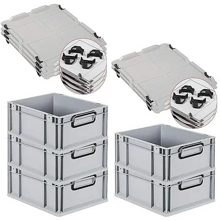 SparSet 5x Eurobox NextGen Color mit Auflagedeckel und Schiebeschnappverschlüsse | HxBxT 17x30x40cm | 16 Liter | Grau | Griffe schwarz geschlossen | Glatter Boden | Eurobehälter, Transportbox, Transportbehälter, Stapelbehälter