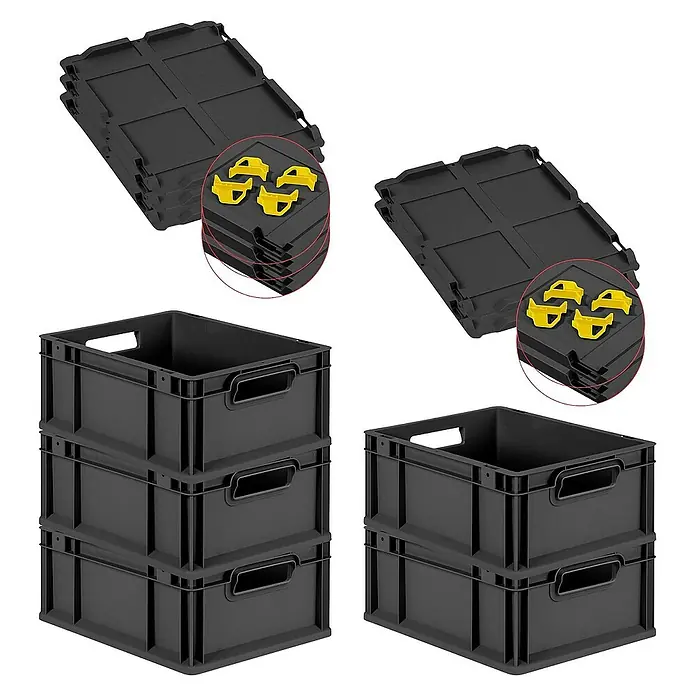 SparSet 5x Eurobox NextGen Grip mit Auflagedeckel inkl. 4 gelben Schiebeschnappverschlüssen | HxBxT 17x30x40cm | 16 Liter | Schwarz | Griffe offen | Eurobehälter, Transportbox, Transportbehälter, Stapelbehälter -  - Stapelbare schwarze Kunststoffboxen mit Deckeln und gelben Verbindungsstücken für Lagerung und Organisation.