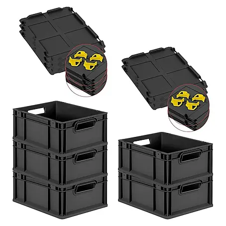 SparSet 5x Eurobox NextGen Grip mit Auflagedeckel inkl. 4 gelben Schiebeschnappverschlüssen | HxBxT 17x30x40cm | 16 Liter | Schwarz | Griffe offen | Eurobehälter, Transportbox, Transportbehälter, Stapelbehälter