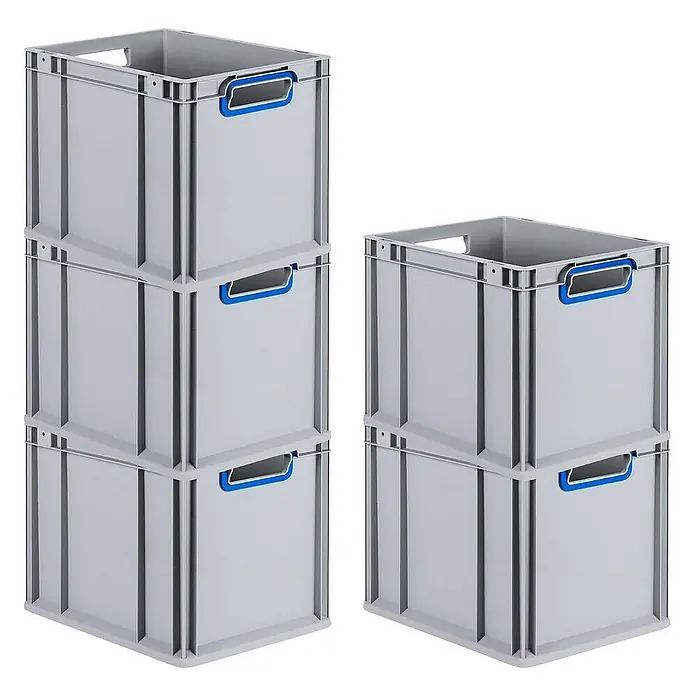 Proregal Euroboxen-Set 5x Eurobox NextGen Color - Kunststoff, Grau, Blau, 5 Stk. - Zwei Stapel grauer Kunststoffboxen mit blauen Griffen. Praktische Aufbewahrungslösung für Büro oder Lager.