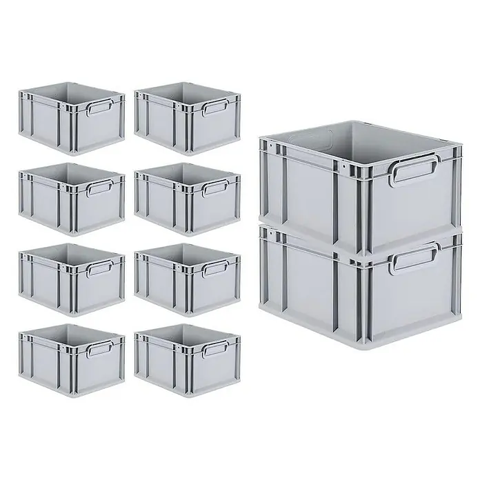 Proregal Euroboxen-Set 10x Eurobox NextGen Economy mit Scharnierdeckel und roten Verschlüssen - L x B x H: 40 x 30 x 22 cm, Kunststoff, Grau, 10 Stk. - Die Aufnahme zeigt zehn graue Lagerboxen aus Kunststoff, davon zwei gestapelt. Die Boxen sind ideal für Lagerung und Organisation.