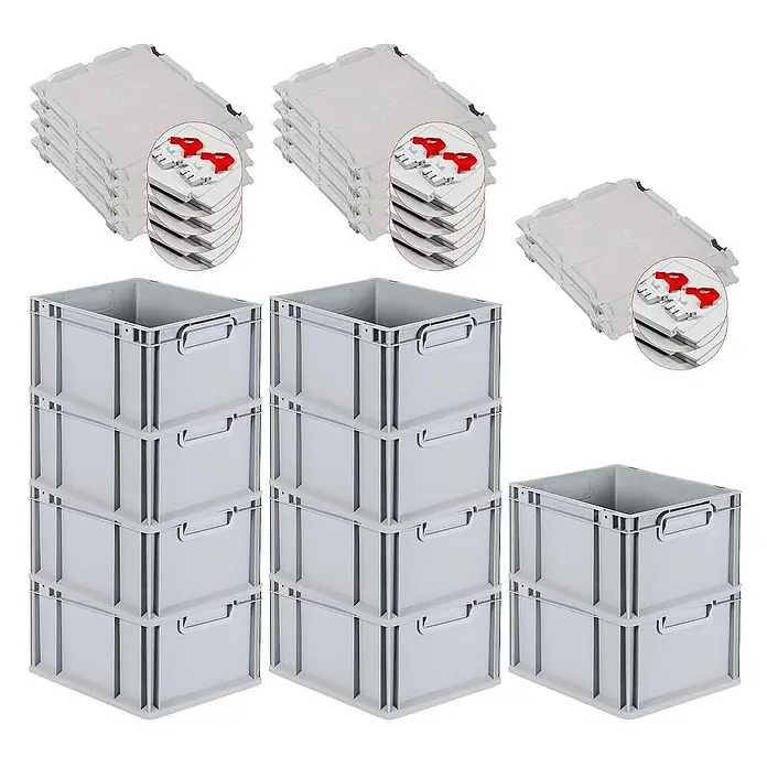 Proregal Euroboxen-Set 10x Eurobox NextGen Economy mit Scharnierdeckel und roten Verschlüssen - L x B x H: 40 x 30 x 22 cm, Kunststoff, Grau, 10 Stk. - Abgebildet sind stapelbare, graue Kunststoffboxen und Deckel, ideal für Lagerung und Organisation, mit praktischen Griffen und robustem Design.
