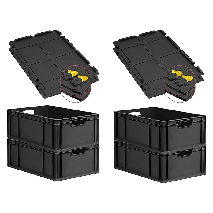 Proregal Euroboxen-Set 4x Eurobox NextGen Grip mit Scharnierdeckel und gelben Verschlüssen - L x B x H: 60 x 40 x 22 cm, Kunststoff, Schwarz, 4 Stk. - Zwei gestapelte, schwarze Eurobehälter und zwei flache, zusammengeklappte Behälter mit gelben Verschlüssen. Praktische Aufbewahrungslösung.