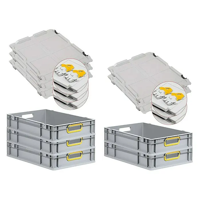 Proregal Euroboxen-Set 5x Eurobox NextGen Color mit Scharnierdeckel und Verschlüssen - L x B x H: 60 x 40 x 12 cm, Kunststoff, Grau, Gelb, 5 Stk. - Das Bild zeigt graue Eurobehälter mit gelben Griffen und dazugehörige Deckel. Ideal für Lagerung und Transport.