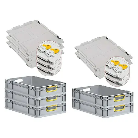 SuperSparSet 5x Eurobox NextGen Color mit Scharnierdeckel und Schiebeschnappverschlüssen | HxBxT 12x40x60cm | 23 Liter | Grau | Griffe gelb offen | Glatter Boden | Eurobehälter, Transportbox, Transportbehälter, Stapelbehälter