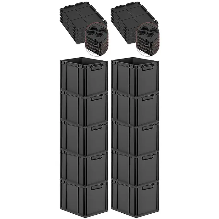 SparSet 10x Eurobox NextGen Color mit Auflagedeckel und Schiebeschnappverschlüsse | HxBxT 32x30x40cm | 30 Liter | Schwarz | Griffe schwarz geschlossen | Glatter Boden | Eurobehälter, Transportbox, Transportbehälter, Stapelbehälter -  - Bild von schwarzen, stapelbaren Aufbewahrungsboxen mit Deckeln und Getränkehaltern, ideal für Organisation und Lagerung.
