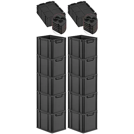 SparSet 10x Eurobox NextGen Color mit Auflagedeckel und Schiebeschnappverschlüsse | HxBxT 32x30x40cm | 30 Liter | Schwarz | Griffe schwarz geschlossen | Glatter Boden | Eurobehälter, Transportbox, Transportbehälter, Stapelbehälter