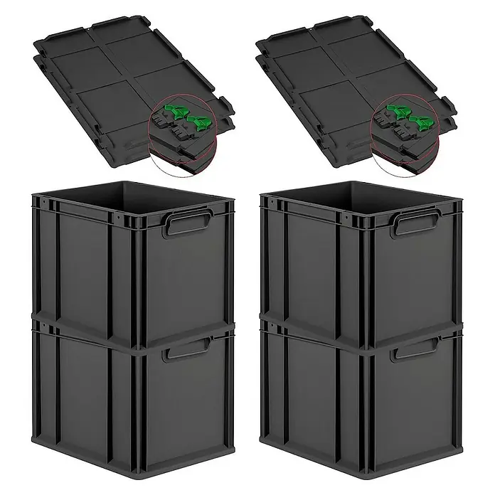Proregal Euroboxen-Set 4x Eurobox NextGen Grip mit Scharnierdeckel und grünen Verschlüssen - L x B x H: 40 x 30 x 32 cm, Kunststoff, Schwarz, 4 Stk. - Bild von vier schwarzen stapelbaren Eurobehältern mit Deckeln, die eine robuste und praktische Lösung für Lagerung und Transport bieten.