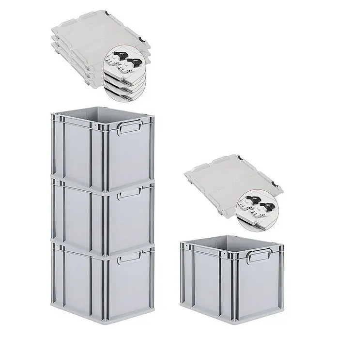 Proregal Euroboxen-Set 4x Eurobox NextGen Grip mit Scharnierdeckel und schwarzen Verschlüssen - Kunststoff, Grau, 4 Stk. - Graue Kunststoffboxen im Stapel und flach mit zugehörigen Deckeln, ideal für Lagerung und Transport.