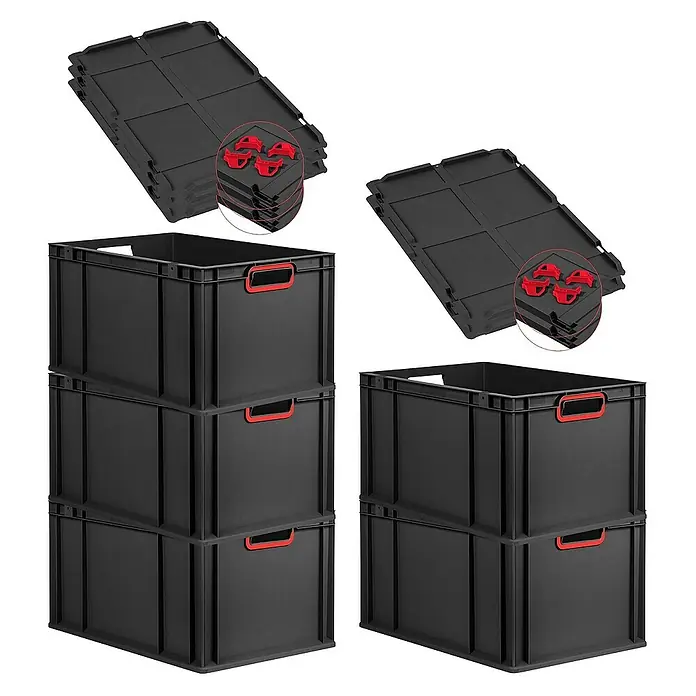 Proregal Euroboxen-Set 5x Eurobox NextGen Color mit Auflagedeckel und Schiebeschnappverschlüsse - L x B x H: 60 x 40 x 32 cm, Kunststoff, Schwarz, Rot, 5 Stk. - Das Bild zeigt schwarze Lagerboxen aus Kunststoff mit roten Griffen und dazugehörigen Deckeln, gestapelt und kompakt angeordnet.