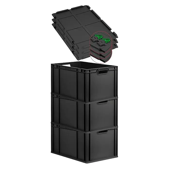 Proregal Euroboxen-Set 3x Eurobox NextGen Grip mit Scharnierdeckel und grünen Verschlüssen - L x B x H: 60 x 40 x 32 cm, Kunststoff, Schwarz, 3 Stk. - Das Bild zeigt stapelbare, schwarze Kunststoffboxen mit passenden Deckeln, ideal für Lagerung und Transport.