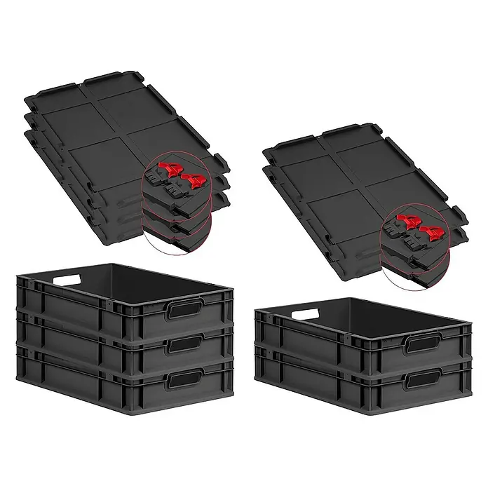 Proregal Euroboxen-Set 5x Eurobox NextGen Grip mit Scharnierdeckel und roten Verschlüssen - L x B x H: 60 x 40 x 12 cm, Kunststoff, Schwarz, 5 Stk. - Stapelbare Kunststoffboxen und zugehörige Deckel in Schwarz, ideal für Lagerung und Organisation.