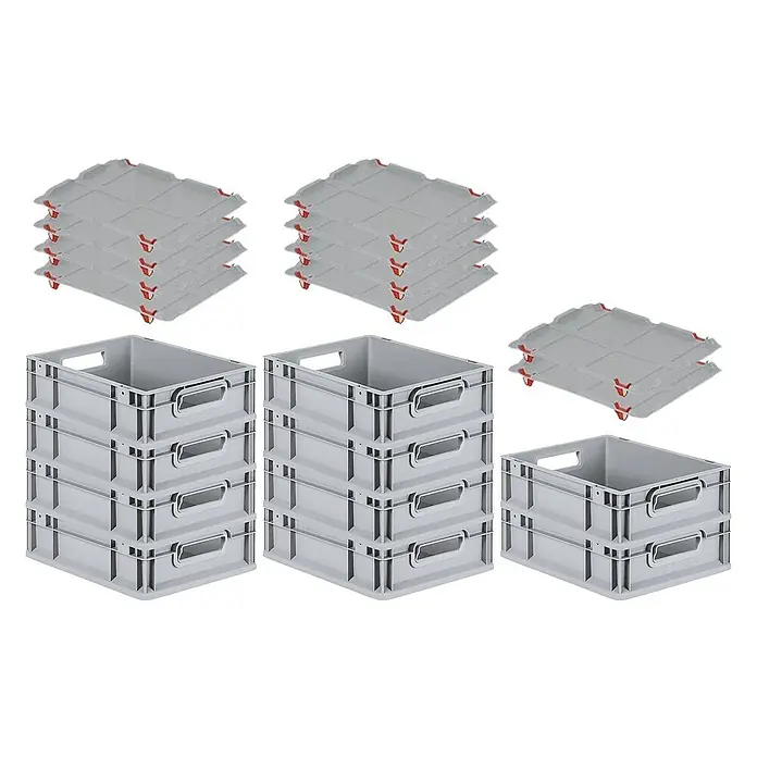 Proregal Euroboxen-Set 10x Eurobox NextGen Grip mit Auflagedeckel inkl. 4 roten Verschlüssen - L x B x H: 40 x 30 x 12 cm, Kunststoff, Grau, 10 Stk. - Bild von drei Stapeln grauer Kunststoffkisten und drei Stapeln grauer Deckel mit roten Befestigungen.