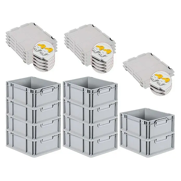 Proregal Euroboxen-Set 10x Eurobox NextGen Grip mit Scharnierdeckel und gelben Verschlüssen - L x B x H: 40 x 30 x 17 cm, Kunststoff, Grau, 10 Stk. - Gestapelte graue Kunststoffboxen und Deckel, ideal für Lagerung. Robuste, praktische Stapelboxen für Ordnung und effizienten Gebrauch von Raum.