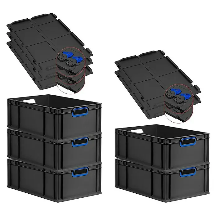 Proregal Euroboxen-Set 5x Eurobox NextGen Color mit Scharnierdeckel und Verschlüssen - L x B x H: 60 x 40 x 22 cm, Kunststoff, Schwarz, Blau, 5 Stk. - Das Bild zeigt schwarze Kunststoffboxen mit blauen Griffen und Deckeln. Praktisch für Lagerung und Transport.