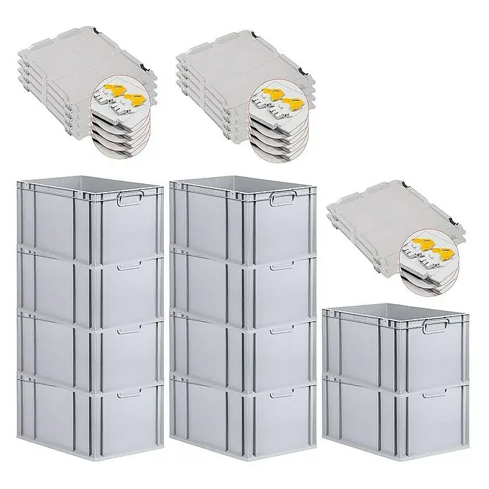 Proregal Euroboxen-Set 10x Eurobox NextGen Grip mit Scharnierdeckel und gelben Verschlüssen - Kunststoff, Grau, 10 Stk. - Lagerboxen mit Deckel und Stapelbehälter aus Kunststoff in Grau, ideal für Lagerung und Transport.