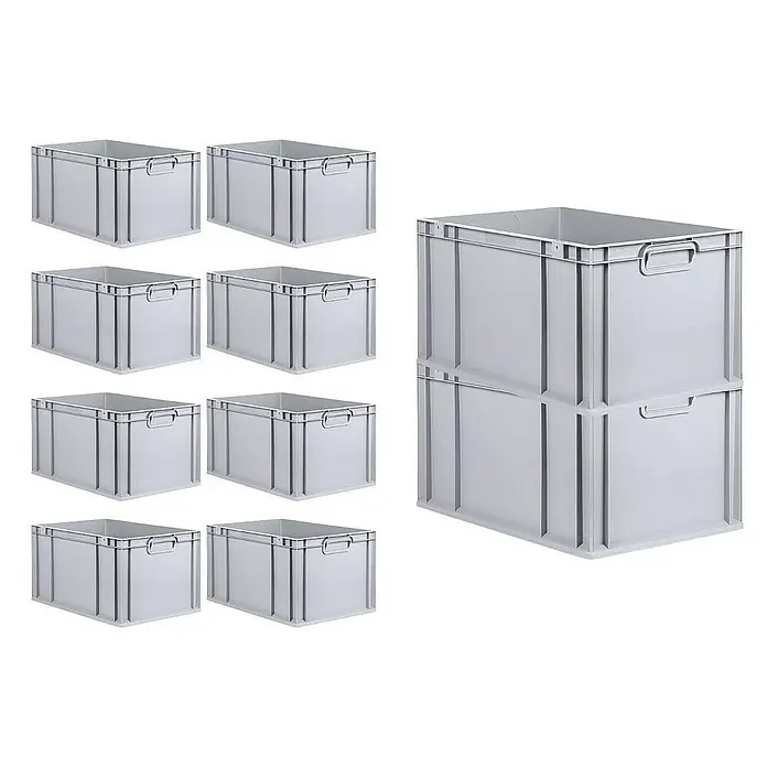 Proregal Euroboxen-Set 10x Eurobox NextGen Grip mit Scharnierdeckel und gelben Verschlüssen - Kunststoff, Grau, 10 Stk. - Das Bild zeigt 10 graue Lagerboxen aus Kunststoff, davon sind zwei zu einem Stapel angeordnet. Perfekt für Ordnung im Lager.