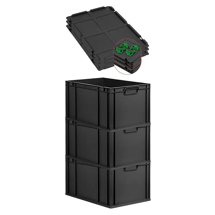 Proregal Euroboxen-Set 3x Eurobox NextGen Grip mit Auflagedeckel inkl. 4 grünen Verschlüssen - L x B x H: 60 x 40 x 32 cm, Kunststoff, Schwarz, 3 Stk. - Abgebildete sind stapelbare Kunststoffbehälter, die sich ideal für die Organisation und Lagerung verschiedener Gegenstände eignen.