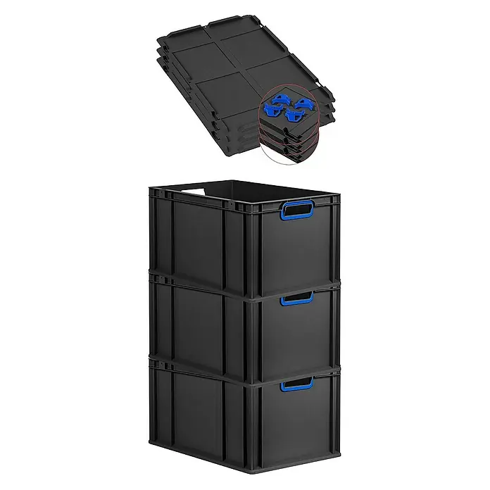 Proregal Euroboxen-Set 3x Eurobox NextGen Color mit Auflagedeckel und Schiebeschnappverschlüsse - L x B x H: 60 x 40 x 32 cm, Kunststoff, Schwarz, Blau, 3 Stk. - Schwarze Kunststoffboxen mit blauen Griffen, gestapelt und zusammengeklappt, für Lagerung & Transport. Praktisches und robustes Aufbewahrungssystem.