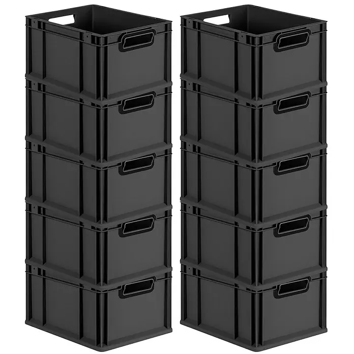 Proregal Euroboxen-Set 10x Eurobox NextGen Color - L x B x H: 40 x 30 x 22 cm, Kunststoff, Schwarz, Schwarz, 10 Stk. - Zwei Stapel schwarzer Kunststoffboxen mit praktischen Griffen, ideal für Lagerung und Organisation.