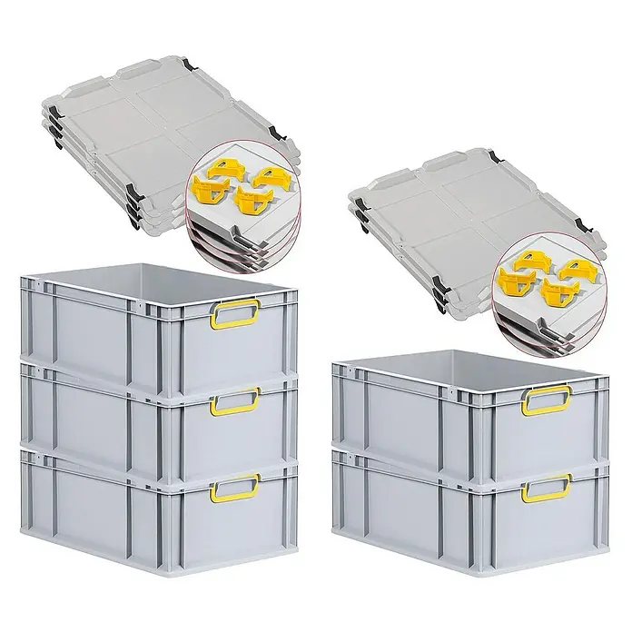 SparSet 5x Eurobox NextGen Color mit Auflagedeckel und Schiebeschnappverschlüsse | HxBxT 22x40x60cm | 44 Liter | Grau | Griffe gelb geschlossen | Verstärkter Boden | Eurobehälter, Transportbox, Transportbehälter, Stapelbehälter -  - Mehrere graue Lagerkästen, die mit gelben Griffen gestapelt und mit passenden Deckeln präsentiert werden, ideal für Organisation.