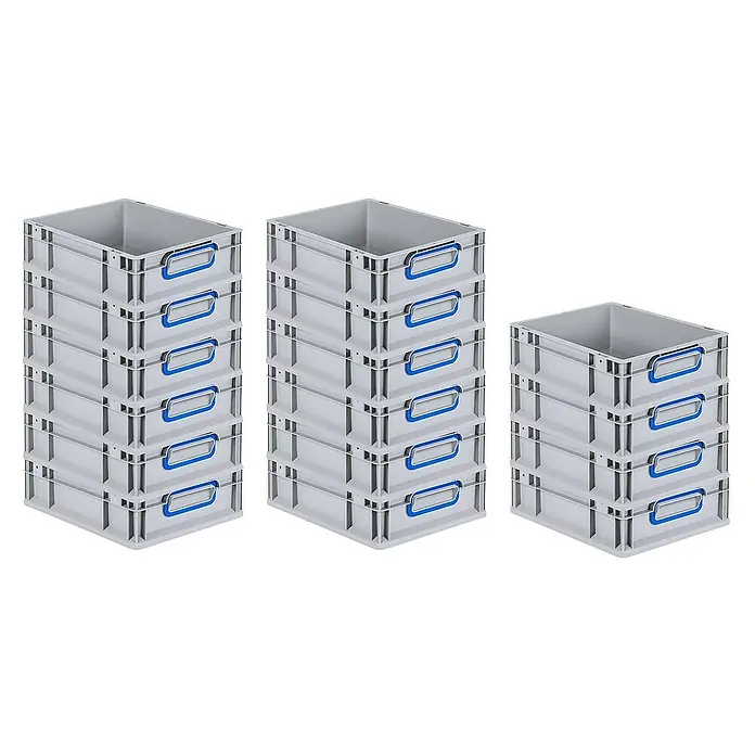 Proregal Euroboxen-Set 16x Eurobox NextGen Color - L x B x H: 40 x 30 x 12 cm, Kunststoff, Grau, Blau, 16 Stk. - Abbildung von drei Stapeln grauer Aufbewahrungsboxen aus Kunststoff, ideal für Organisation und Lagerung.