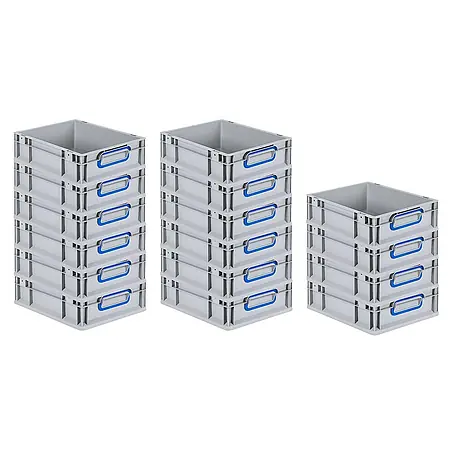 SuperSparSet 16x Eurobox NextGen Color | HxBxT 12x30x40cm | 11 Liter | Griffe blau geschlossen | Glatter Boden | Grau | Eurobehälter, Transportbox, Transportbehälter, Stapelbehälter