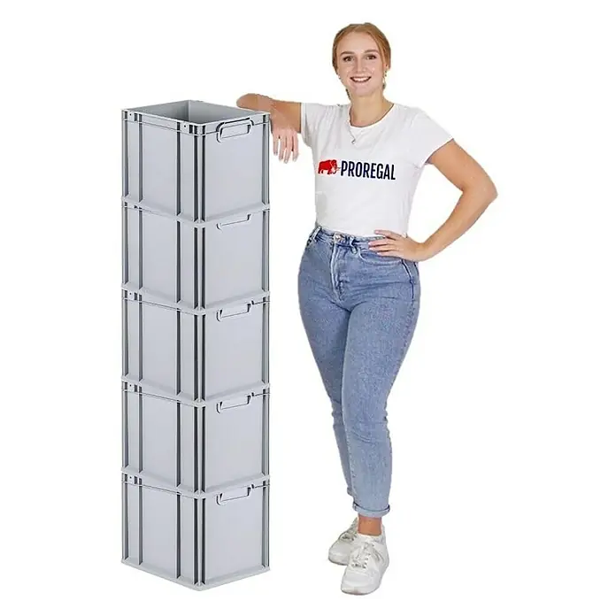 Proregal Euroboxen-Set 5x Eurobox NextGen Economy mit Scharnierdeckel und schwarzen Verschlüssen - Kunststoff, Grau, 5 Stk. - Graue Lagerboxen mit praktischen Tragegriffen sind ideal für die Lagerung und den Transport verschiedener Gegenstände.