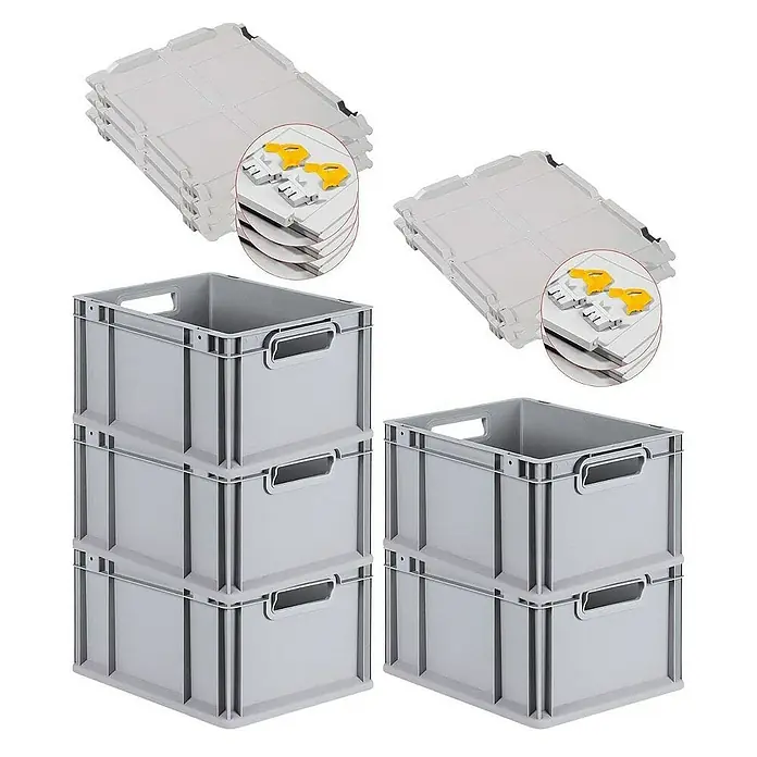 Proregal Euroboxen-Set 5x Eurobox NextGen Grip mit Scharnierdeckel und gelben Verschlüssen - L x B x H: 40 x 30 x 22 cm, Kunststoff, Grau, 5 Stk. - Graue Kunststoffbehälter und passende Deckel. Ideal für Lagerung und Organisation.