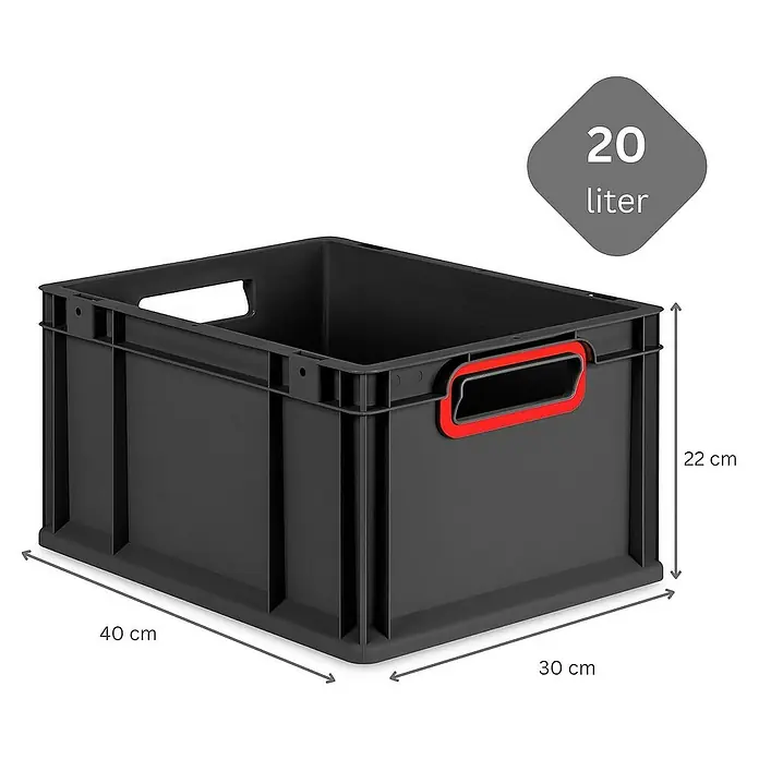 Proregal Euroboxen-Set 8x Eurobox NextGen Color - Kunststoff, Schwarz, Rot, 8 Stk. - Abgebildet ist eine schwarze 20-Liter-Lagerbox aus Kunststoff mit roten Griffen und den Maßen 40 x 30 x 22 cm.