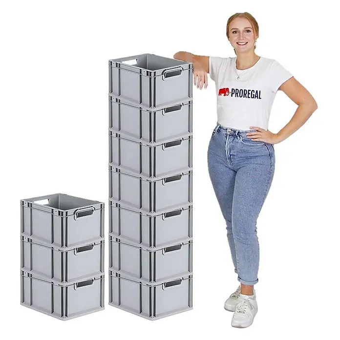 Proregal Euroboxen-Set 10x Eurobox NextGen Economy mit Auflagedeckel und 4x Verschlüsse Schwarz - Kunststoff, Grau, 10 Stk. - Bild zeigt einen Stapel grauer Kunststoffkisten mit Tragegriffen, ideal für Lagerung und Organisation.