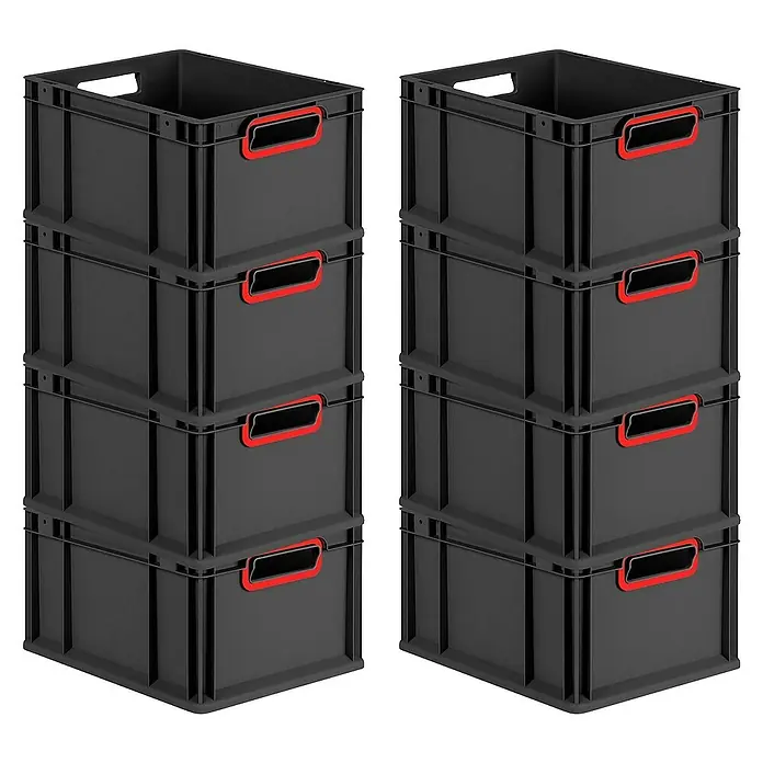 Proregal Euroboxen-Set 8x Eurobox NextGen Color - Kunststoff, Schwarz, Rot, 8 Stk. - Zwei Stapel schwarzer Aufbewahrungsboxen mit roten Griffen, ideal zur Organisation von Gegenständen im Haus.