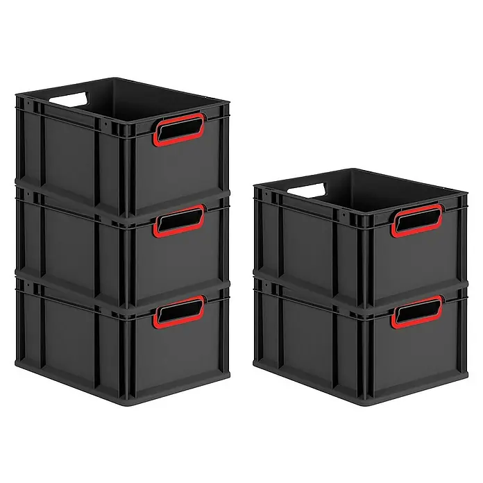 Proregal Euroboxen-Set 8x Eurobox NextGen Color - Kunststoff, Schwarz, Rot, 8 Stk. - Stapelbare graue Kunststoffboxen mit roten Griffen. Ideal für Lagerung und Organisation. Robust und vielseitig einsetzbar.