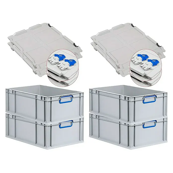 Proregal Euroboxen-Set 4x Eurobox NextGen Color mit Scharnierdeckel und Verschlüssen - L x B x H: 60 x 40 x 22 cm, Kunststoff, Grau, Blau, 4 Stk. - Zwei Stapel von grauen Kunststoffbehältern und zwei passende Deckel mit blauen Verschlüssen für sichere Lagerung und Transport.