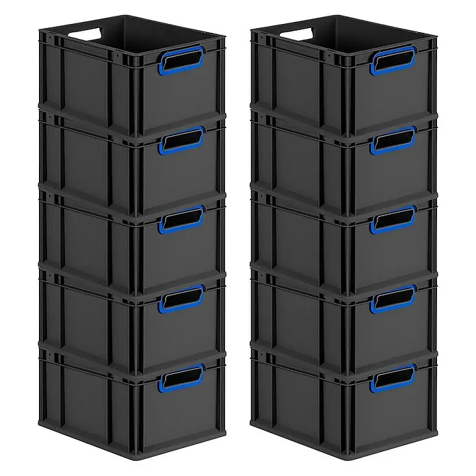Proregal Euroboxen-Set 10x Eurobox NextGen Color - L x B x H: 40 x 30 x 22 cm, Kunststoff, Schwarz, Blau, 10 Stk. - Zwei Stapel grauer Kunststoffboxen mit blauen Griffen, die sich ideal für die Organisation und Lagerung eignen.