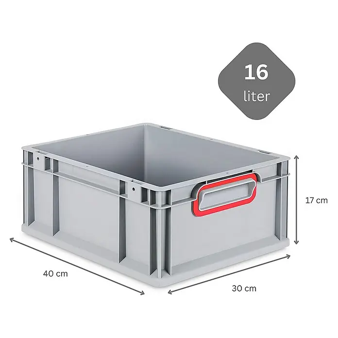 Proregal Euroboxen-Set 10x Eurobox NextGen Color mit Auflagedeckel und Schiebeschnappverschlüsse - L x B x H: 40 x 30 x 17 cm, Kunststoff, Grau, Rot, 10 Stk. - Graue Lagerbox mit den Maßen 40 x 30 x 17 cm und einem Volumen von 16 Litern, ideal für Lagerung und Ordnung.